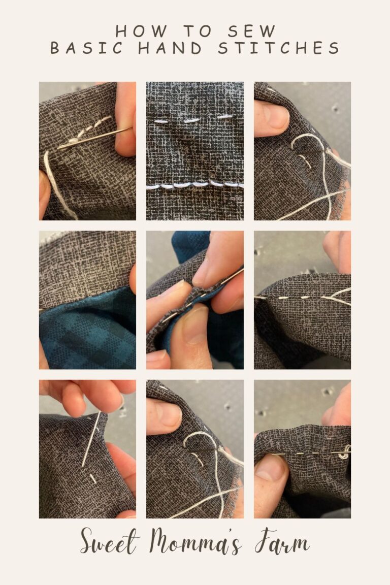 Nine pictures of the different basic stitches and steps