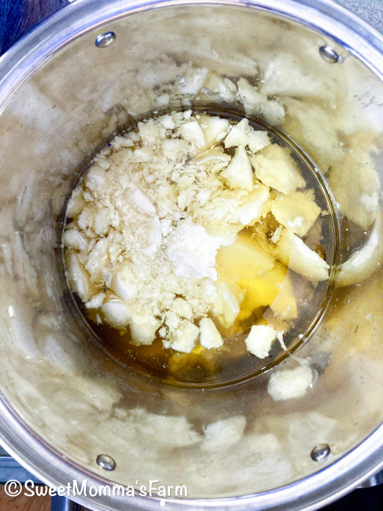 All the oils in the soap recipe placed into a metal pot