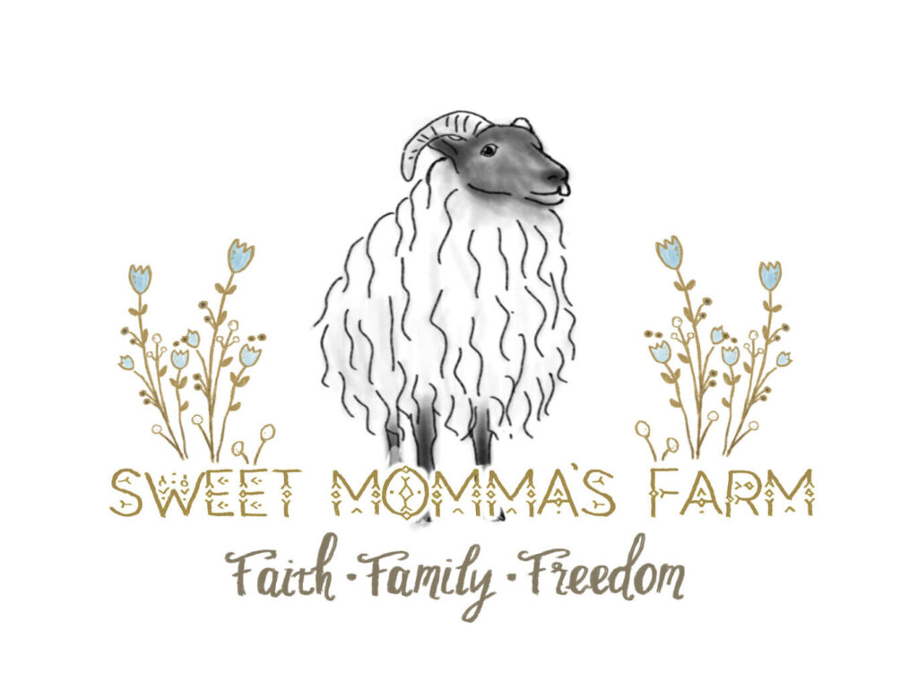 Sweet Momma's Farm logo with Icelandic sheep and the words faith family and freedom on the bottom