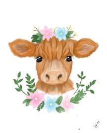 Highland Cow with Flowers